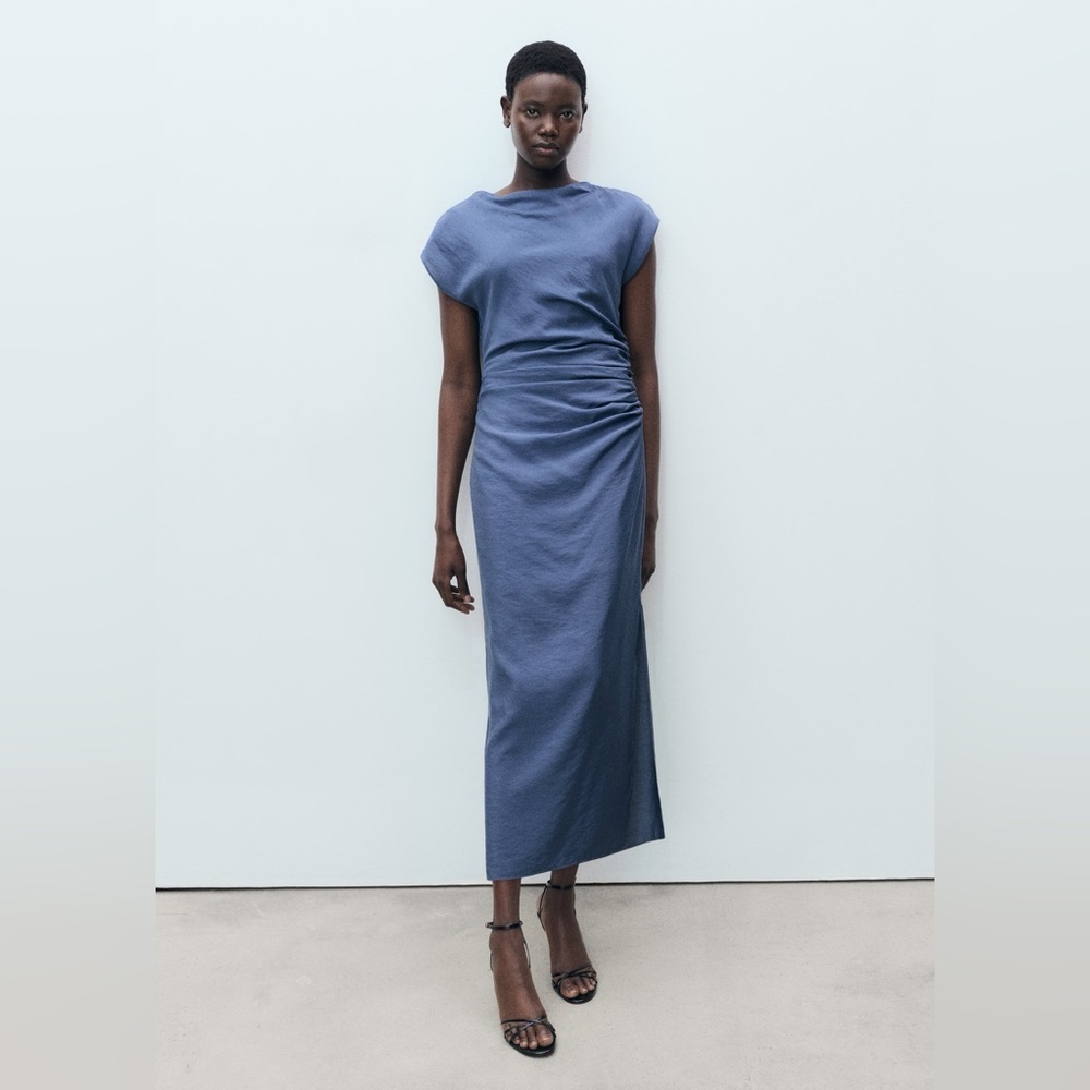 Mango Blue draped straight dress NWT